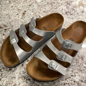 Birkenstock Florida sandal; size 8-8.5 US Reg 39 EU reg,  silver